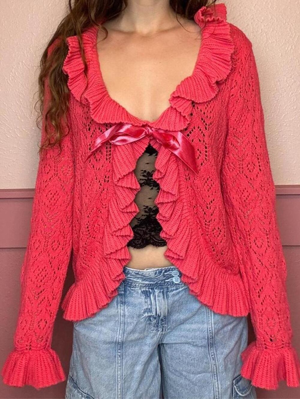 pink ruffle dolly cardigan cotton acrylic bow fairy coquette 2000s